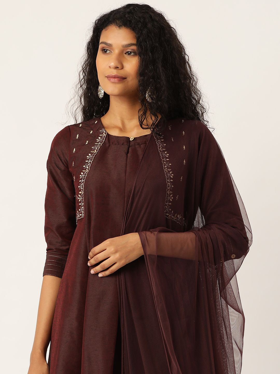Sangria Women Bown Zari Embroidered Flared Kurta Pant Dupatta Set