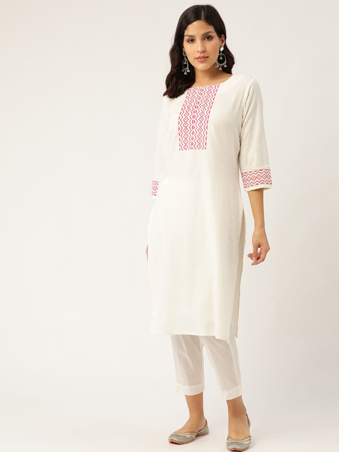 Sangria Women Off-White & Pink Yoke Design Kurta with Trousers