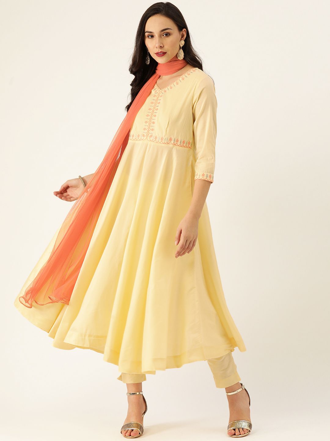 Women Pst Base Yellow Color Anarkali Kurta With Straight Pants