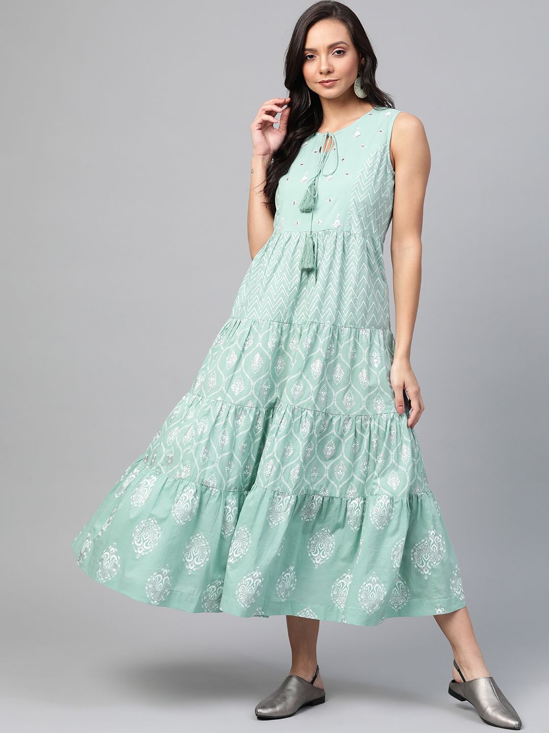 Sangria Women Sea Green & White Ethnic Print Maxi A-Line Dress