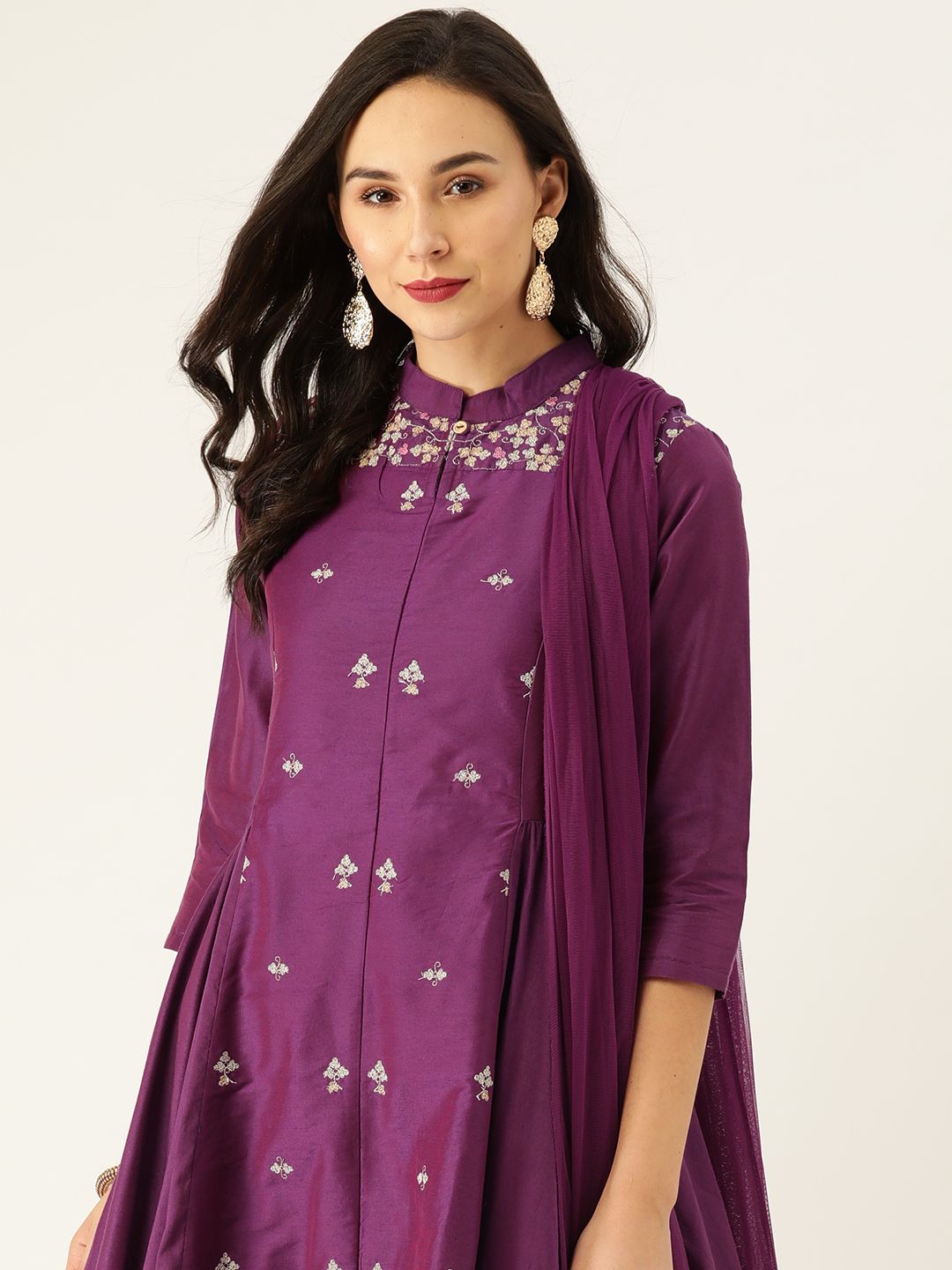 Women Purple Floral Zari Embroidered Anarkali Kurta Palazzo Dupatta Set Price in India