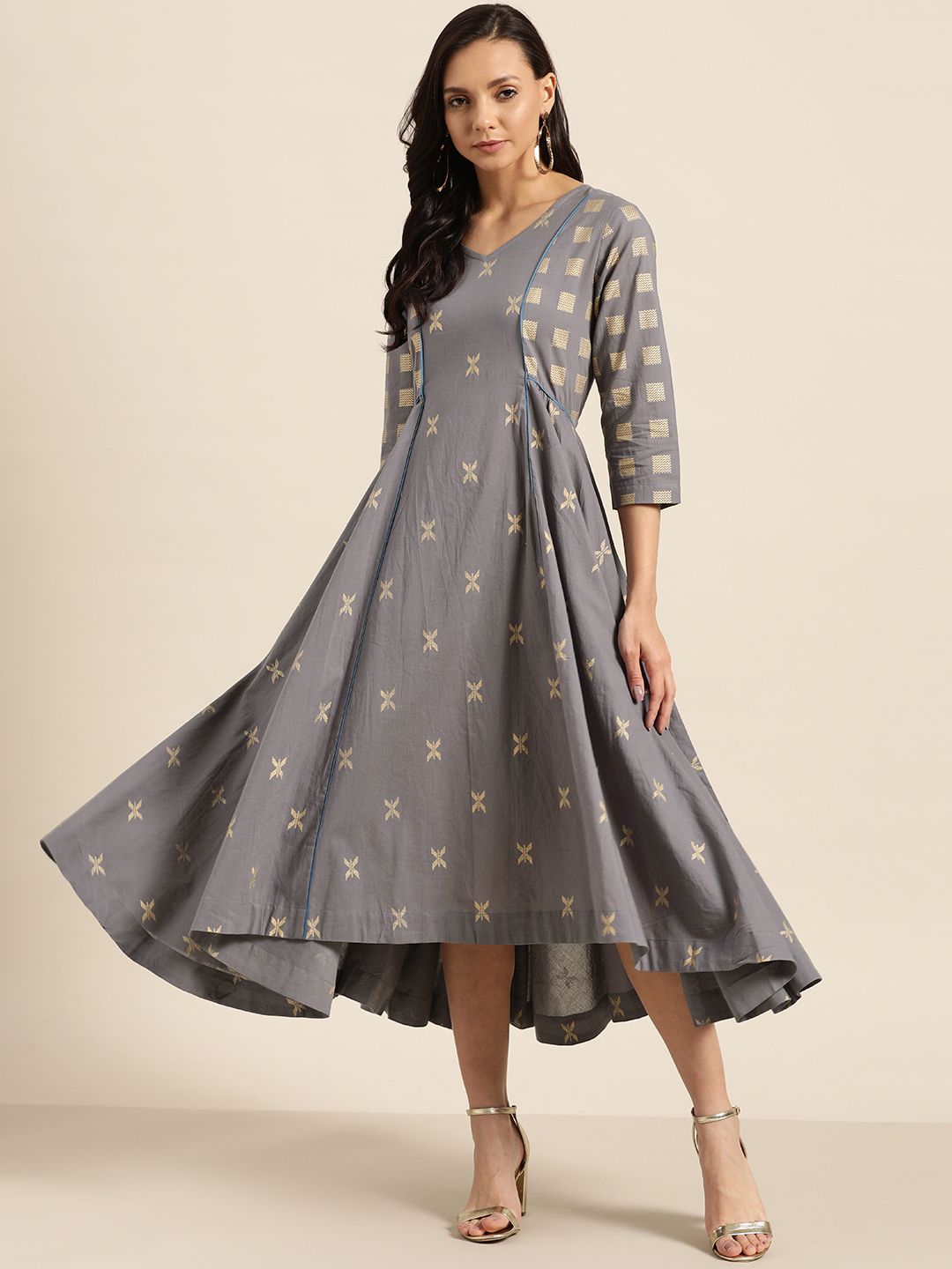 Sangria Women Grey & Golden Printed Pure Cotton A-Line Asymmetric Dress