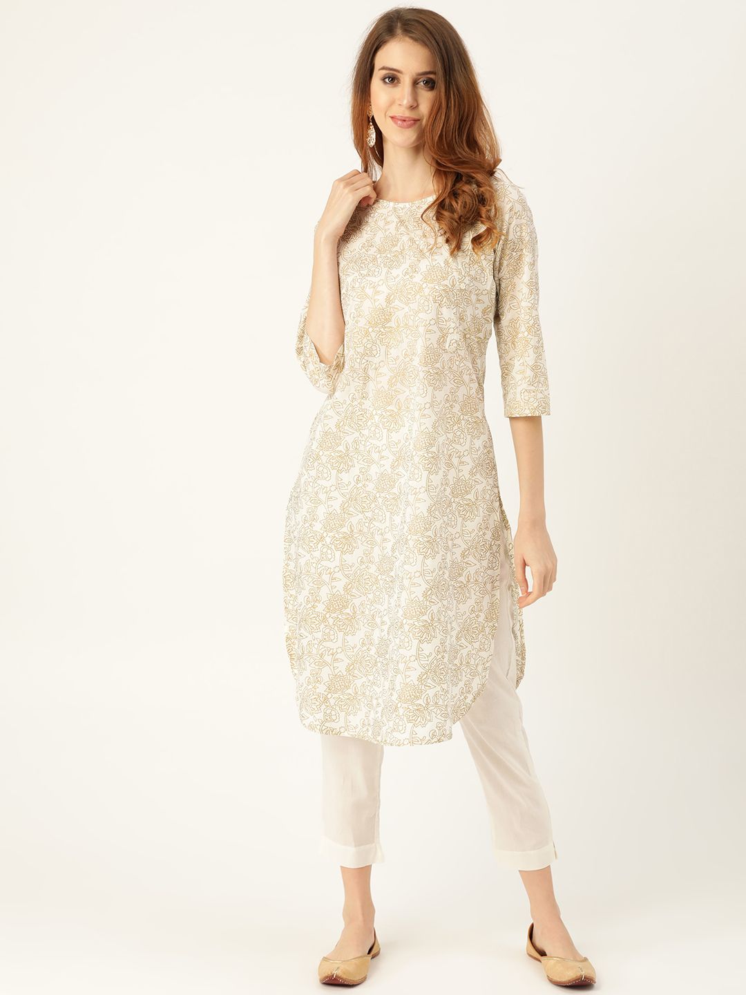 Sangria Women Off-White & Golden Printed Kurta with Trousers Price in India