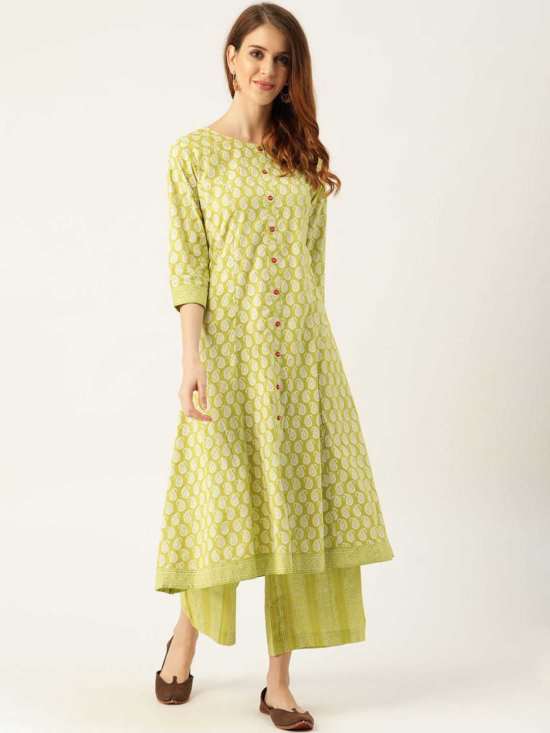 Sangria Women Green & White Printed Anarkali Kurta with Palazzos Price in India