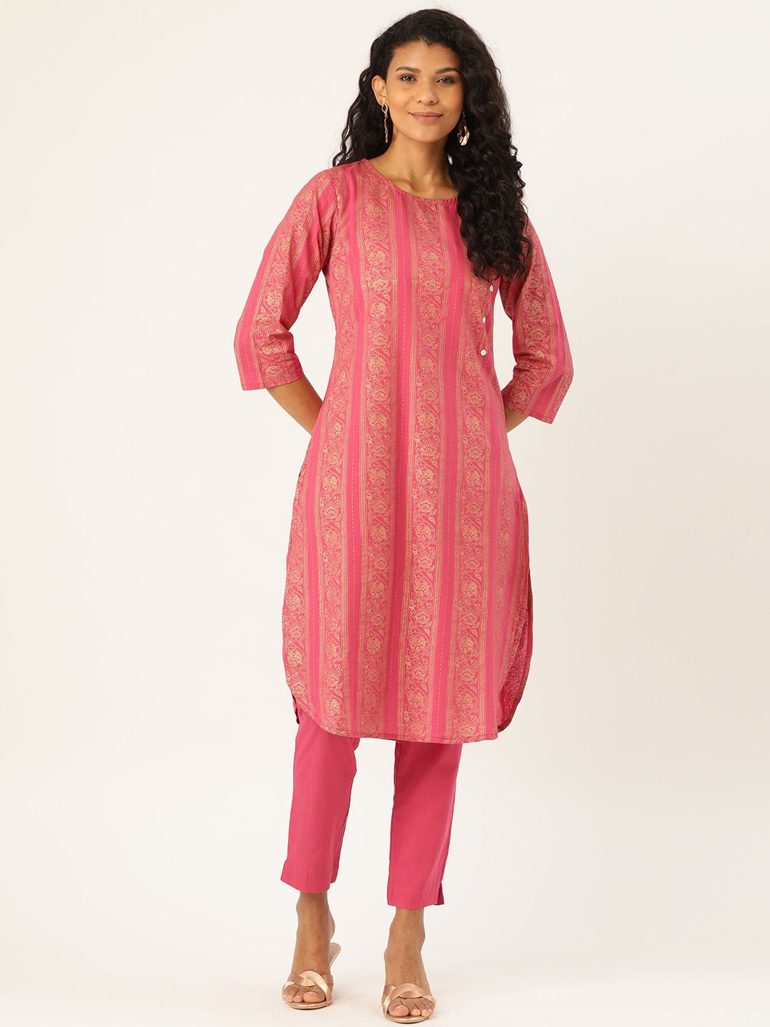 Sangria Women Pink & Golden Printed Pure Cotton Kurta with Trousers Price in India