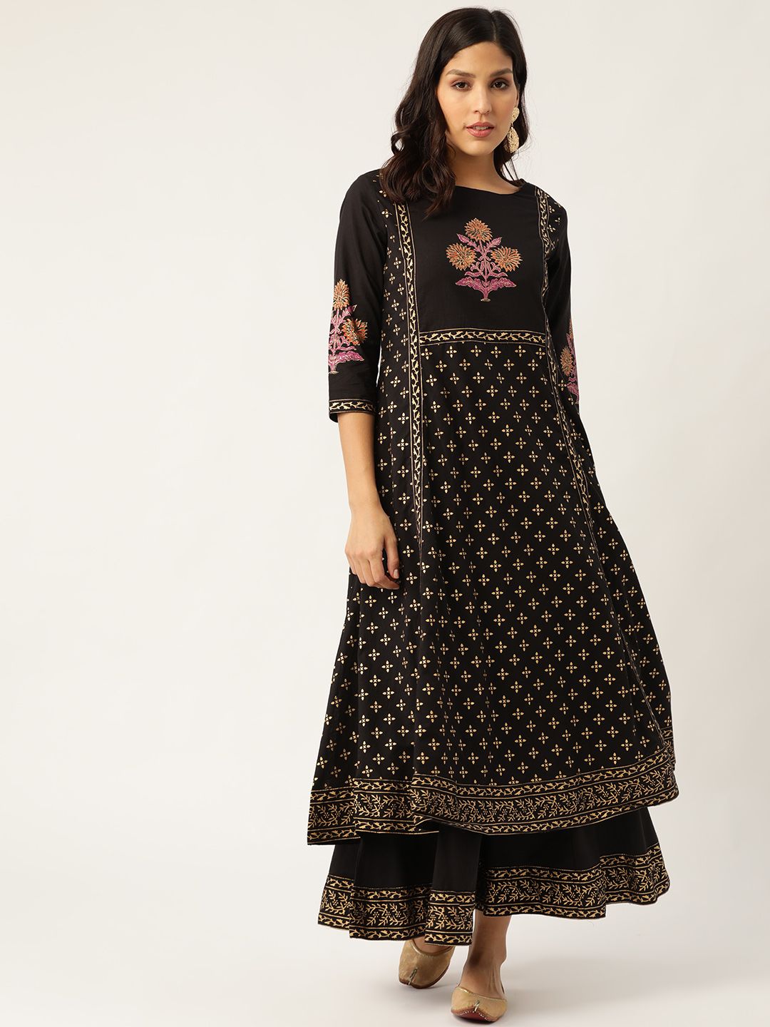 Sangria Women Black & Golden Printed Kurta with Palazzos