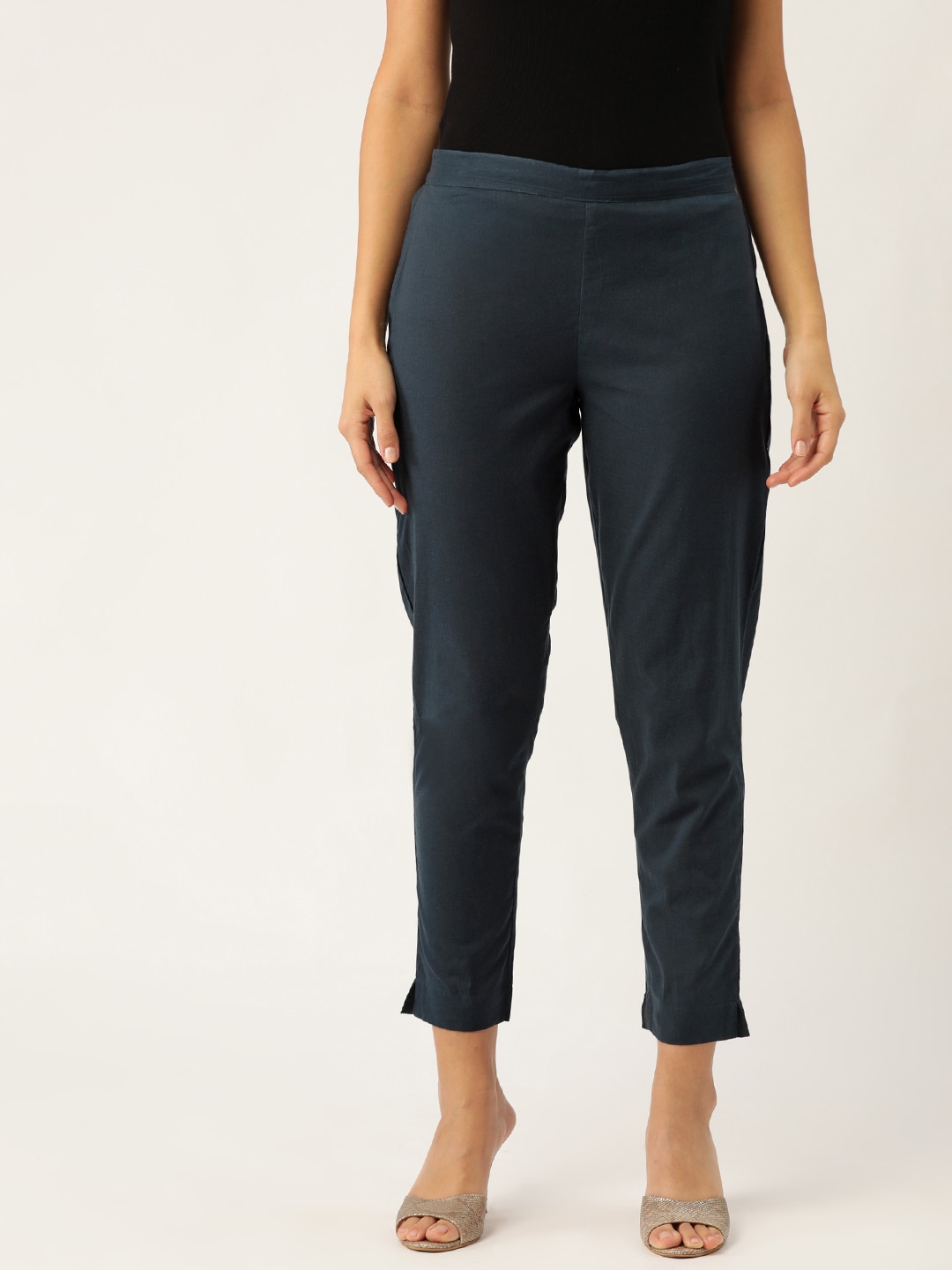 Sangria Women Navy Blue Regular Fit Solid Cropped Trousers Price in India