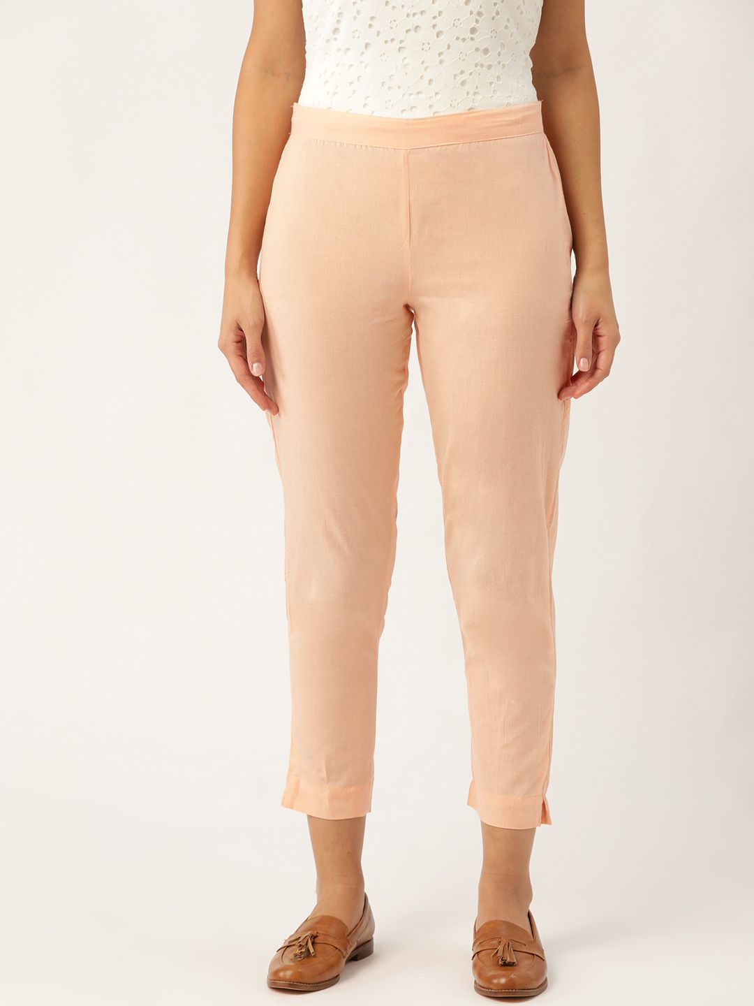 Sangria Women Peach-Coloured Regular Fit Solid Cropped Trousers Price in India
