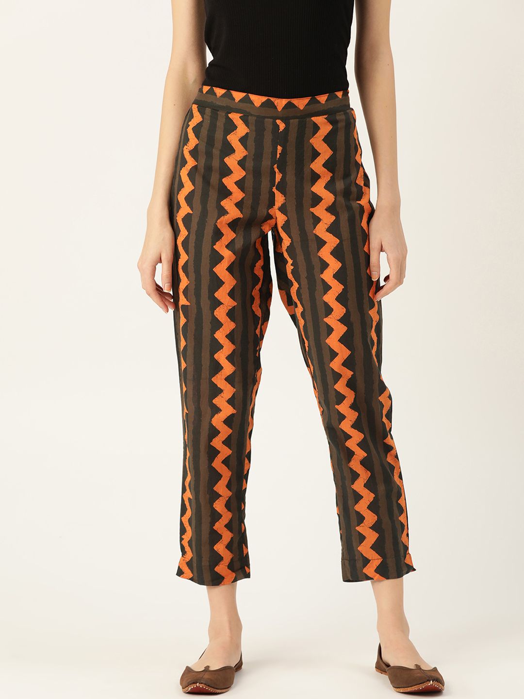 Sangria Women Olive Brown & Orange Regular Fit Printed Cropped Trousers