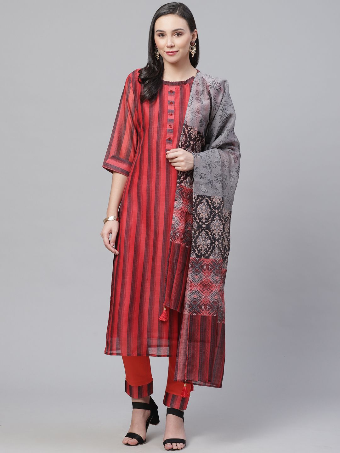 Chhabra 555 Red & Black Handloom Digital Print Unstitched Dress Material Price in India