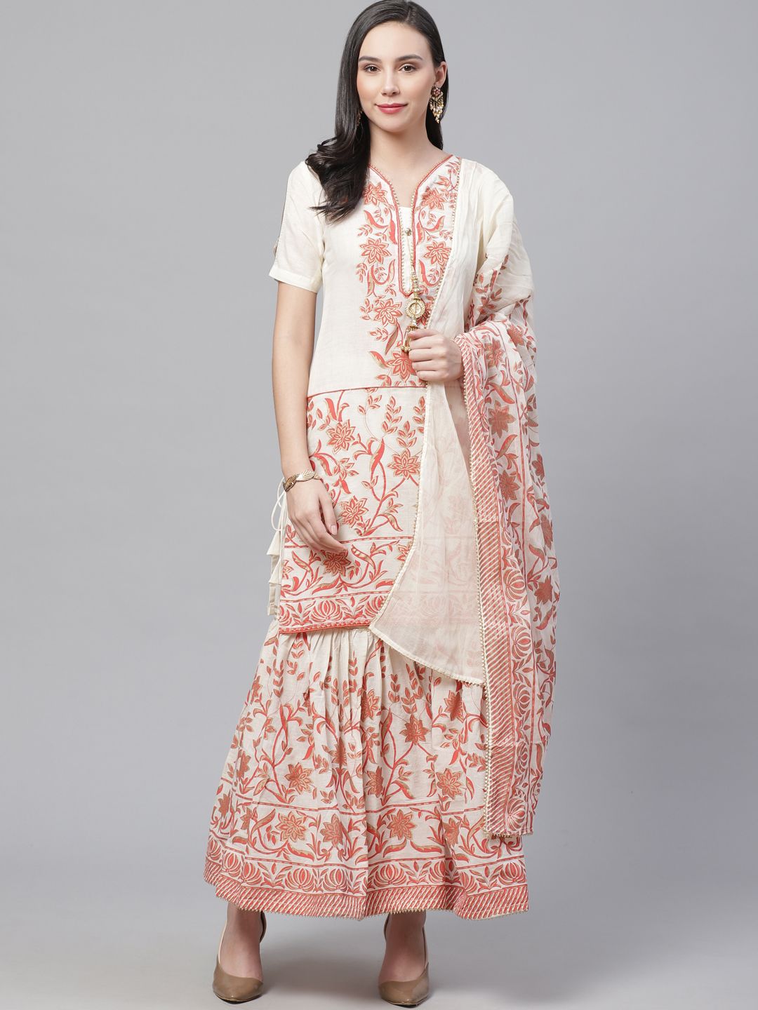 Chhabra 555 Cream-Coloured & Red Floral Block Print Semi-Stitched Dress Material Price in India