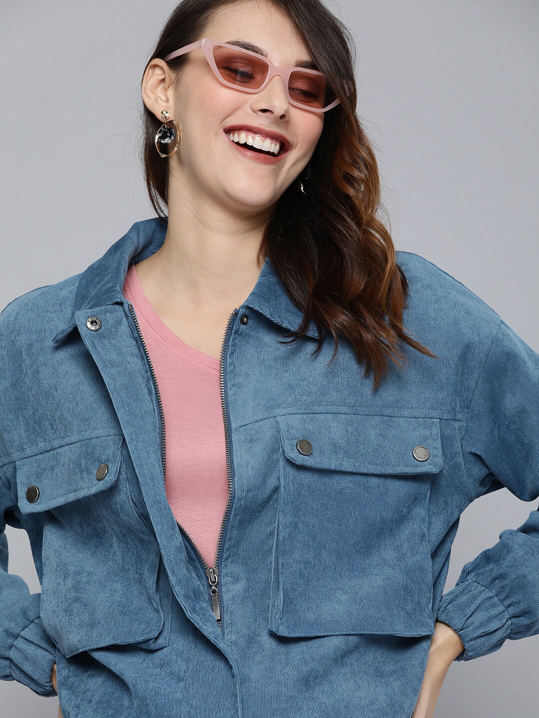 Mast & Harbour Women Blue Solid Corduroy Bomber Price in India