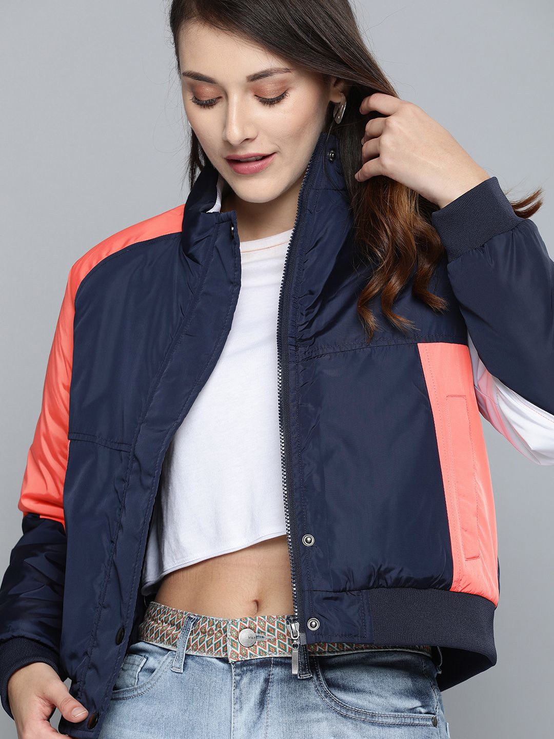Mast & Harbour Women Navy Blue Solid Bomber Jacket With Contrast Sleeves Price in India