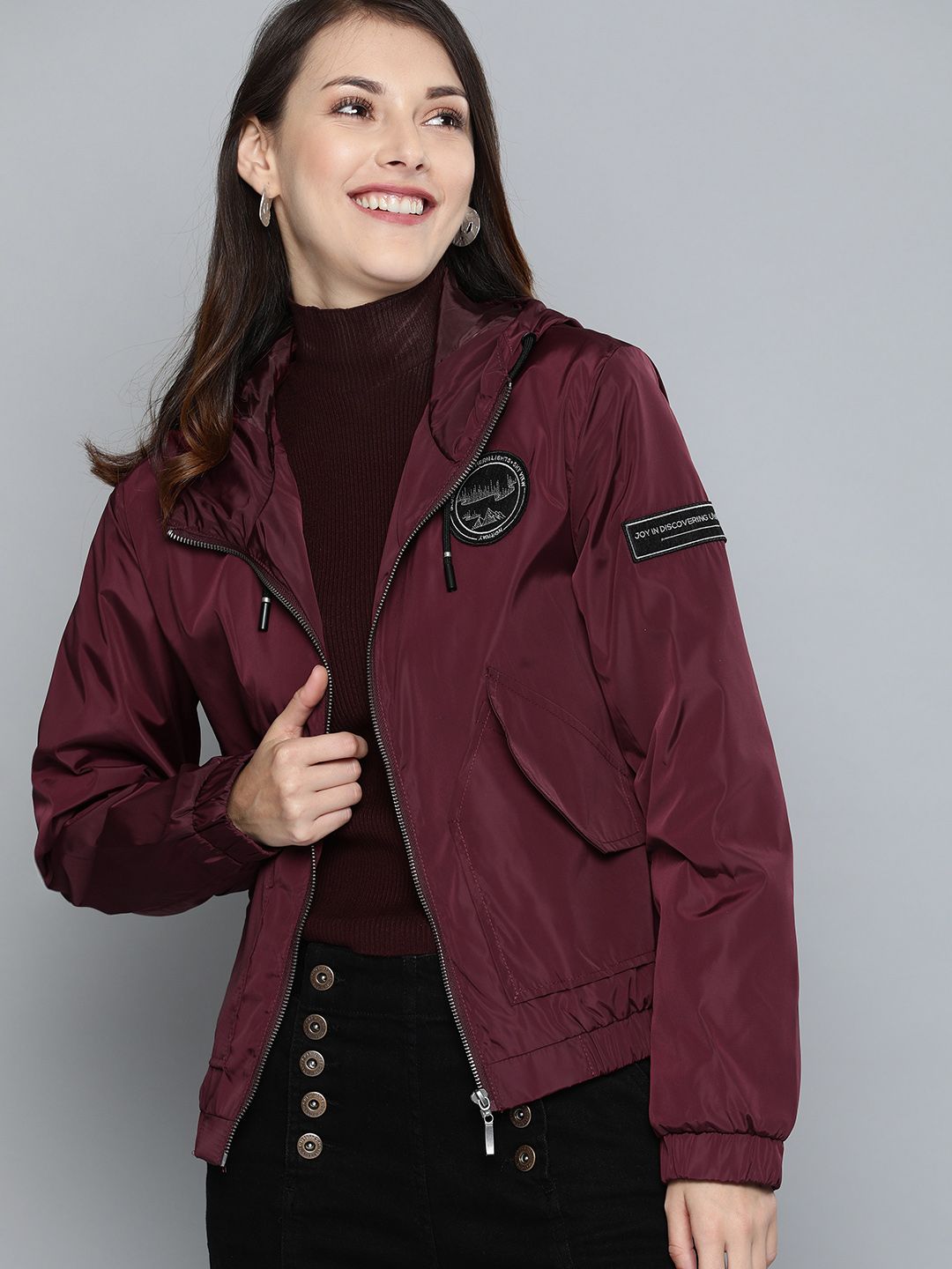 Mast & Harbour Women Burgundy Solid Bomber Jacket With Applique Detailing Price in India