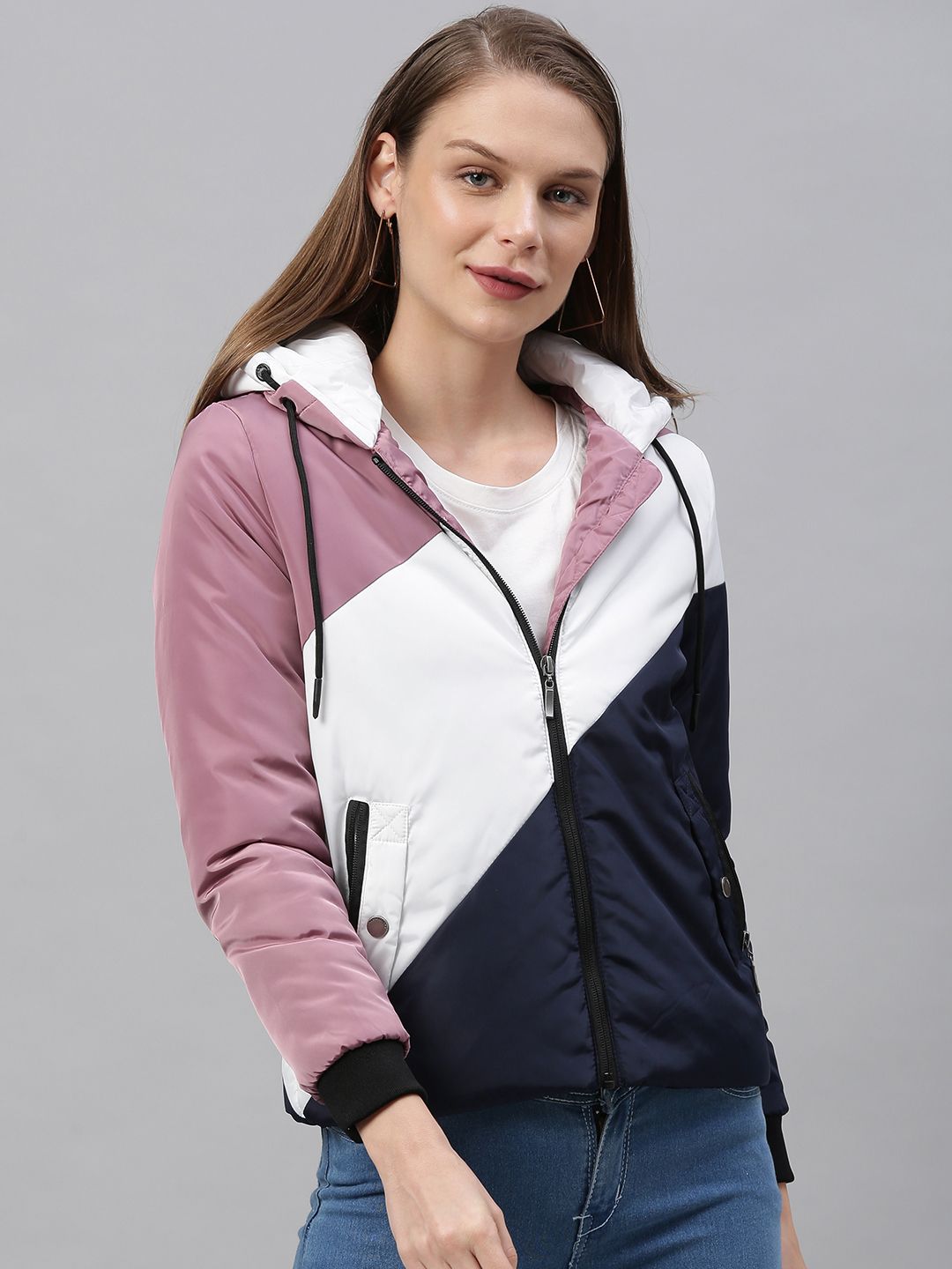 Mast & Harbour Women White & Navy Blue Colourblocked Hooded Puffer Jacket Price in India
