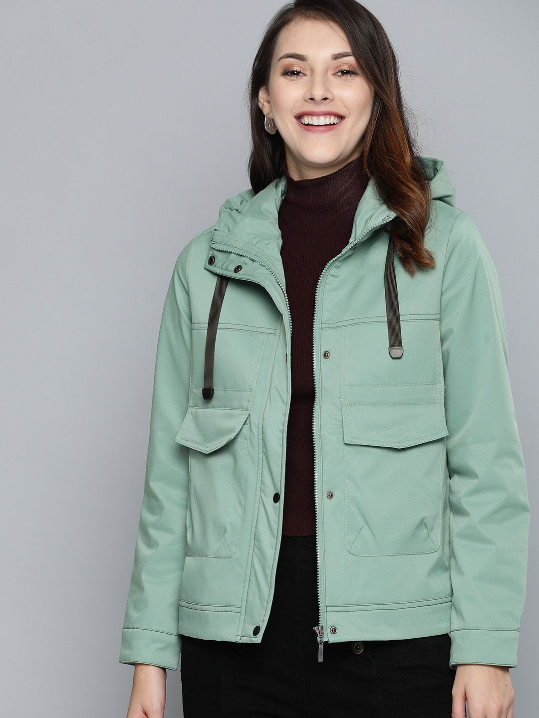 Mast & Harbour Women Mint Green Solid Padded Jacket Price in India
