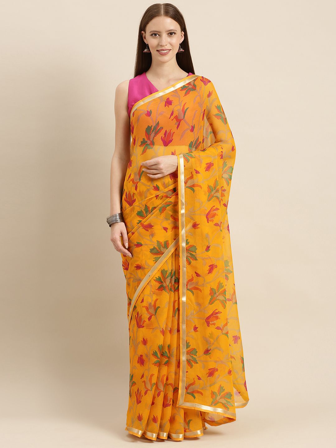 KALINI Mustard Yellow & Pink Poly Chiffon Floral Printed Saree