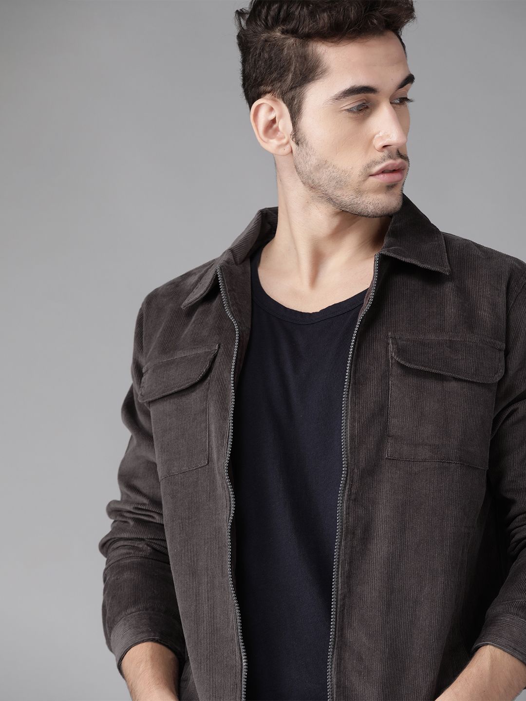 Roadster Men Charcoal Grey Solid Corduroy Jacket