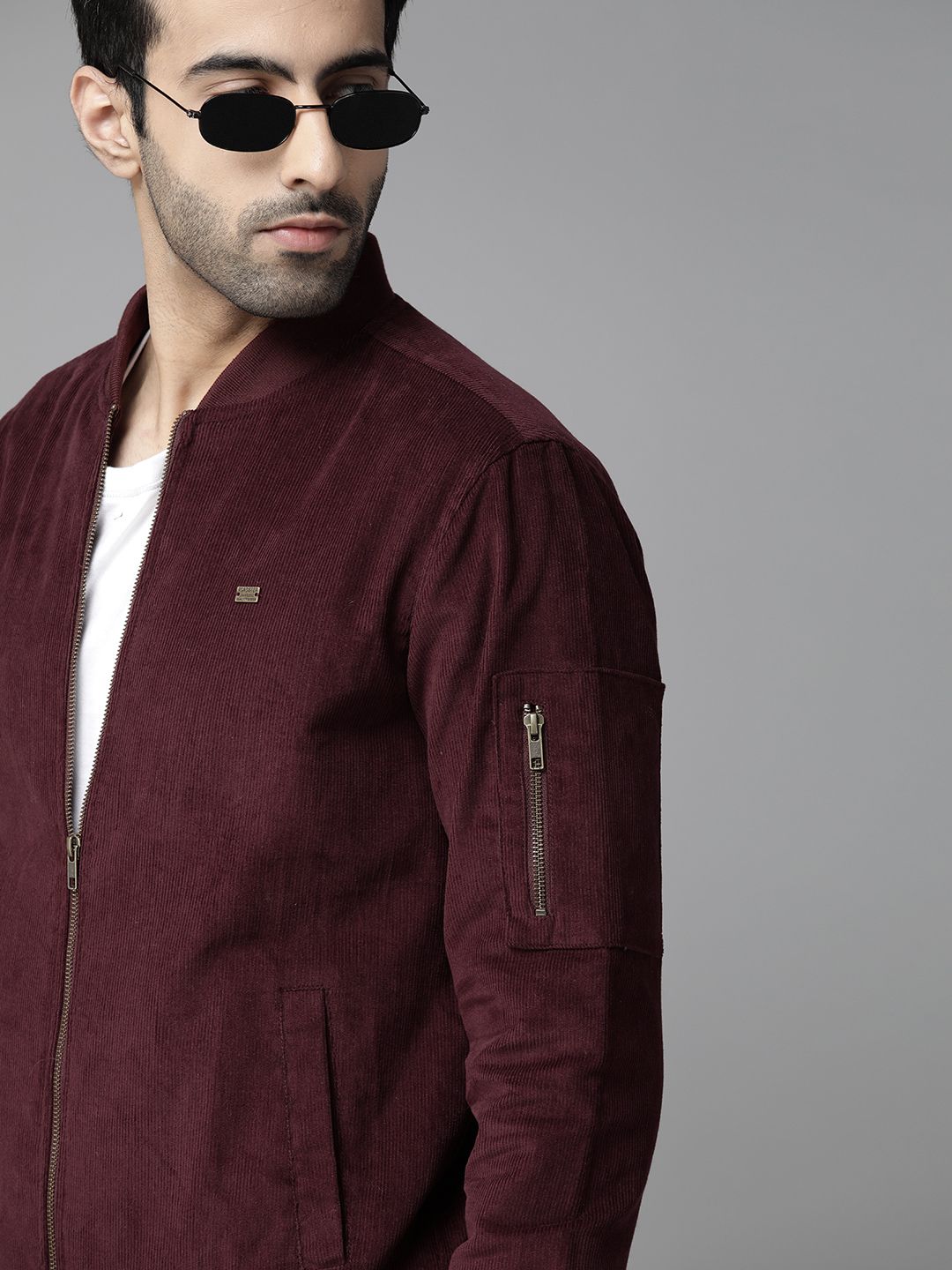 Roadster Men Burgundy Solid Corduroy Bomber Jacket