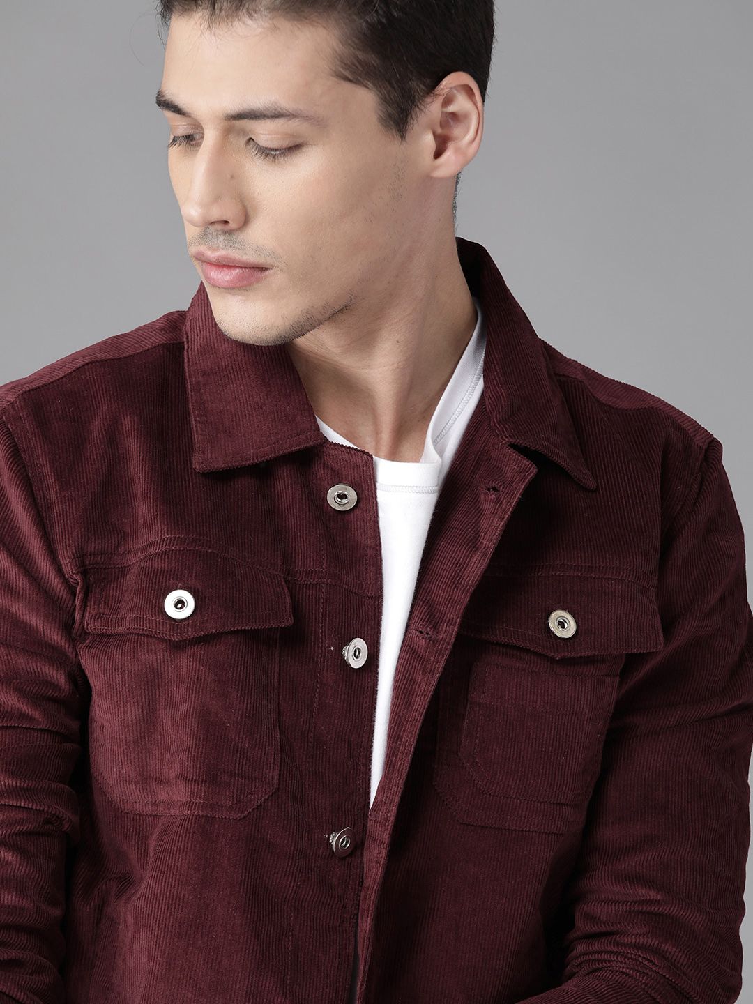 Roadster Men Burgundy Solid Corduroy Tailored Jacket