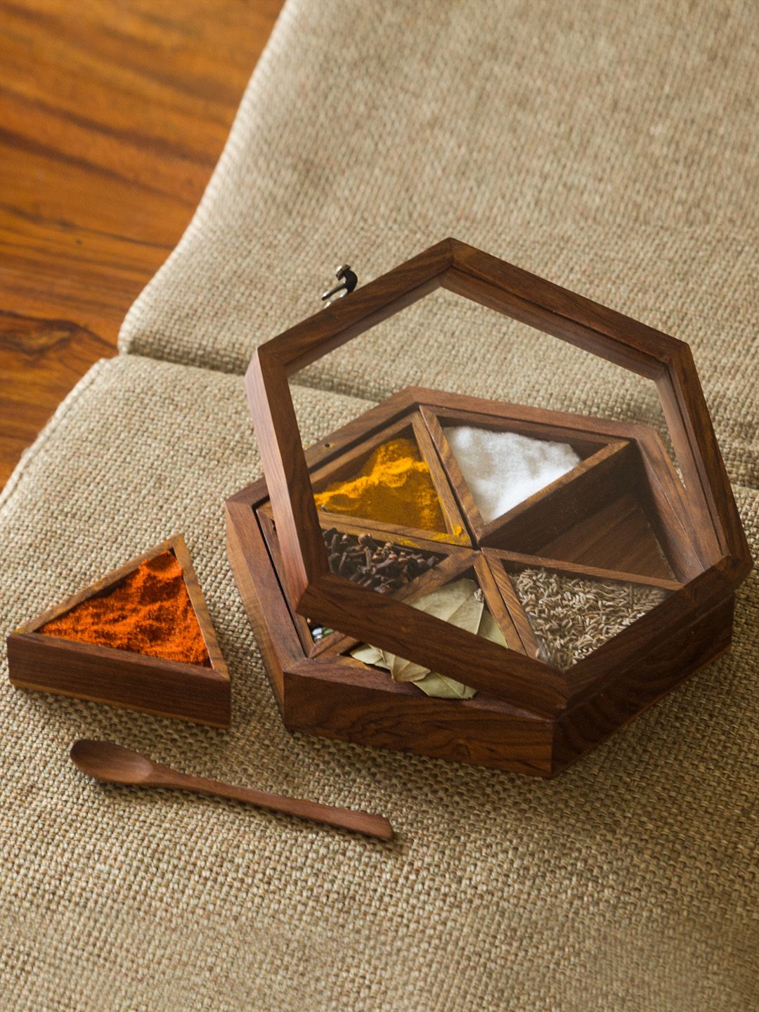 ExclusiveLane Brown Handcrafted Hexagonal Sheesham Wooden Spice Box With Spoon Price in India
