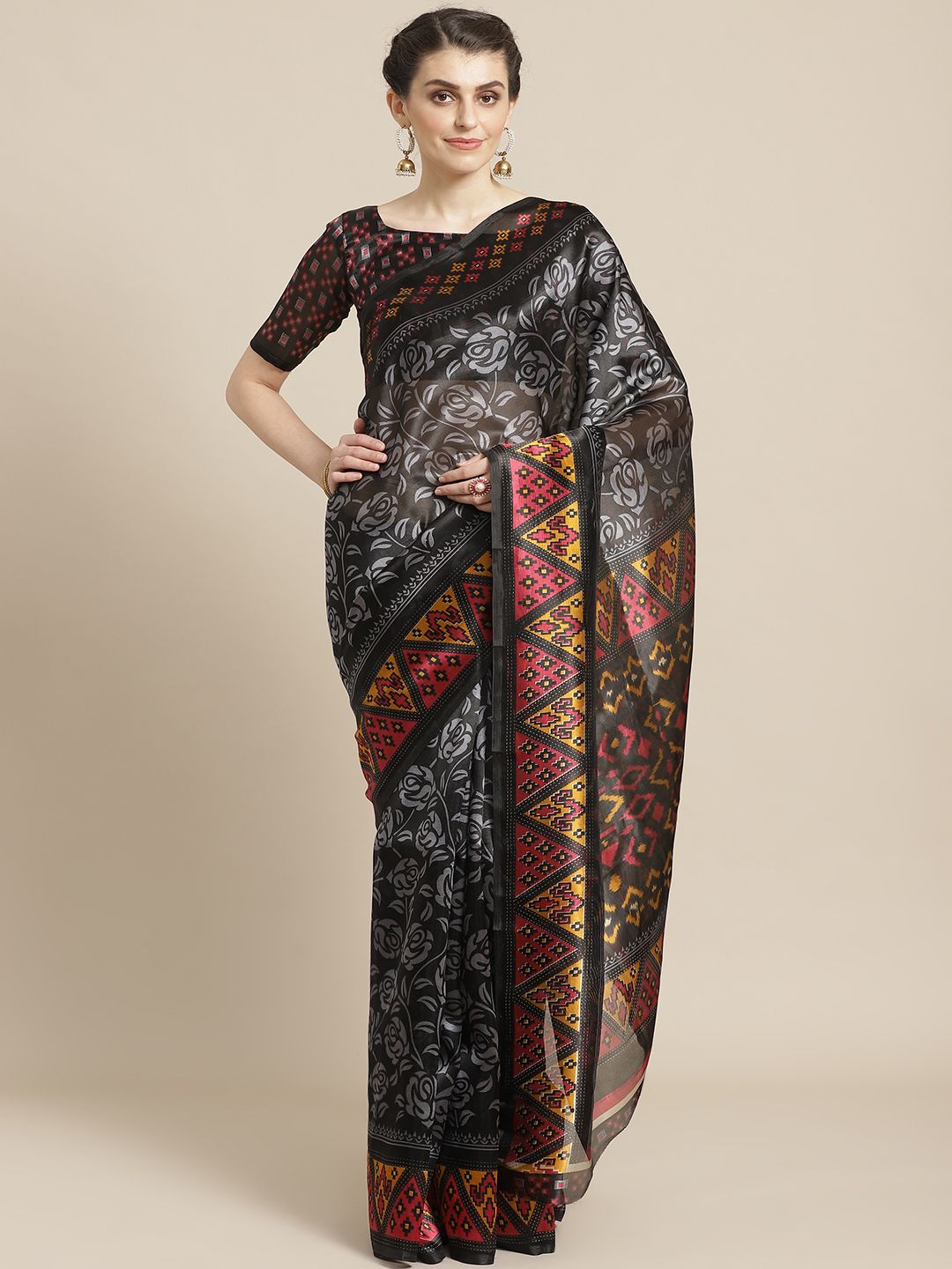 Saree mall Black & Grey Printed Saree Price in India