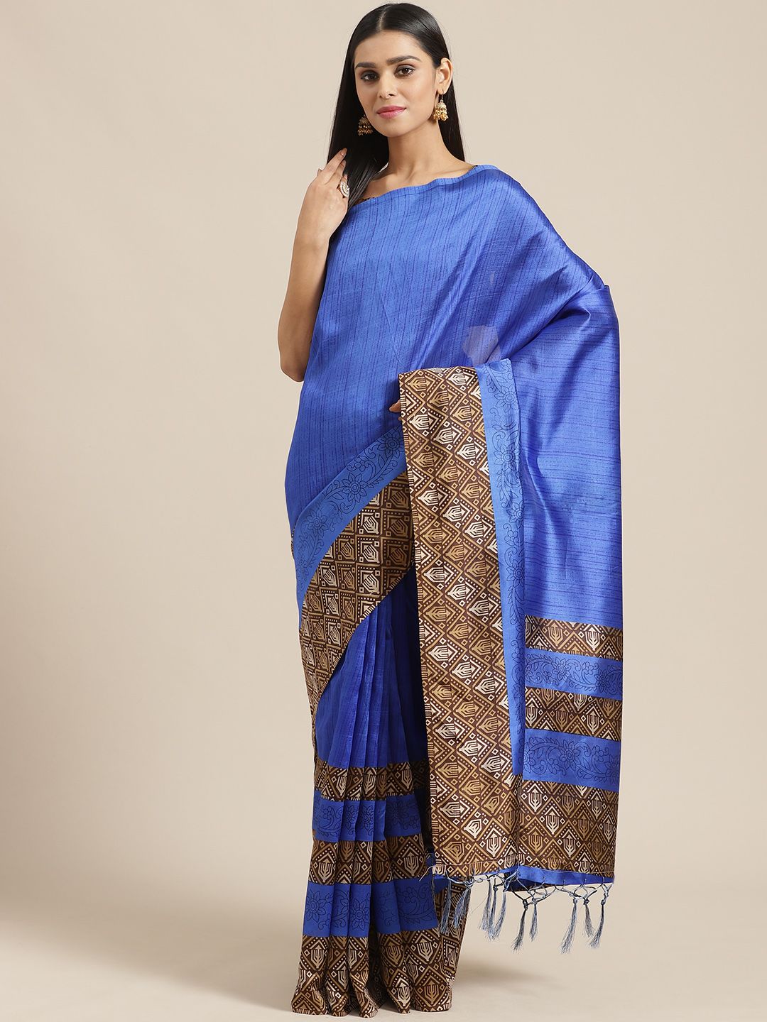 Saree mall Blue & Coffee Brown Solid Saree Price in India