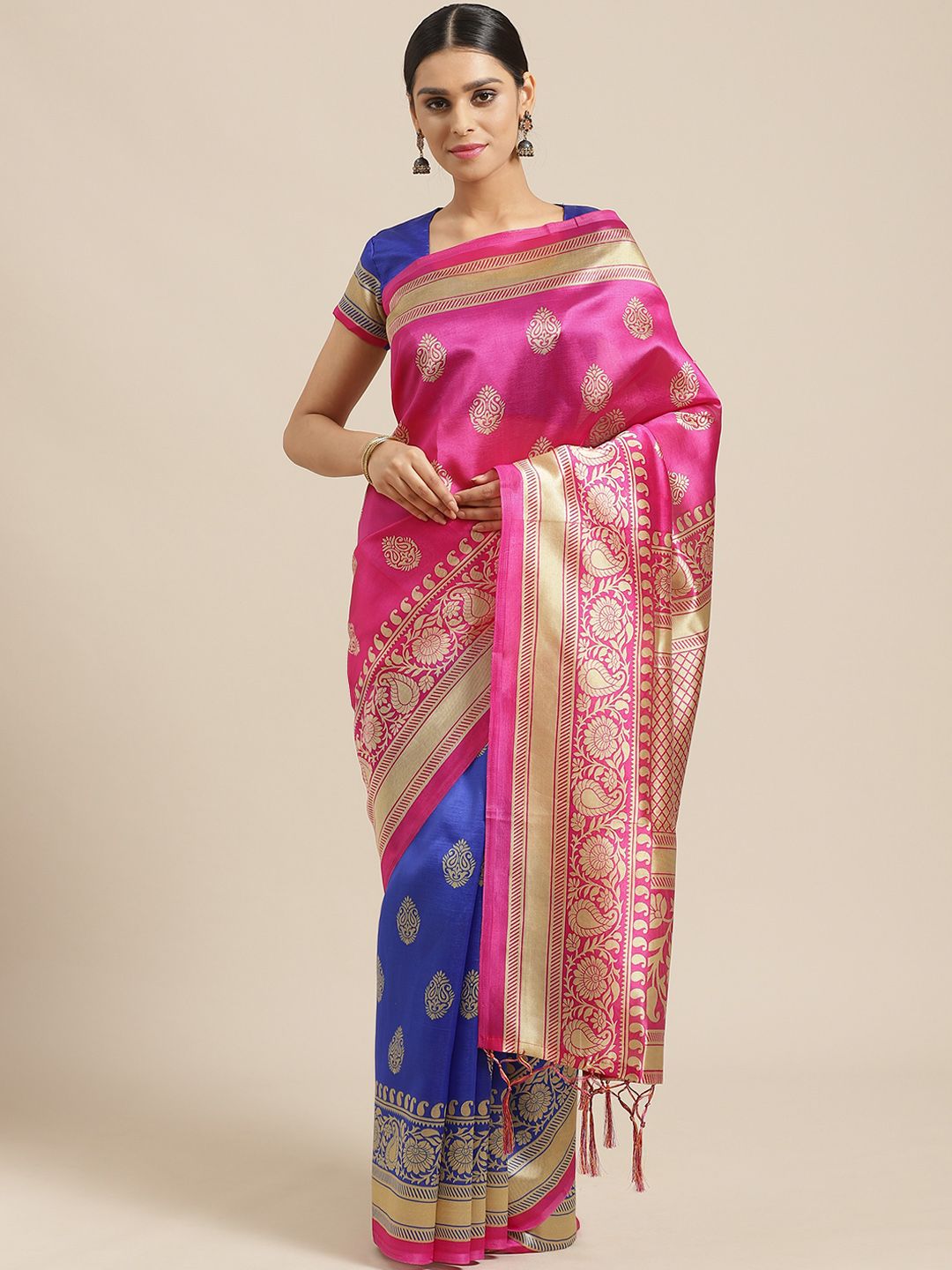 Saree mall Pink & Blue Paisley Print Half & Half Saree Price in India