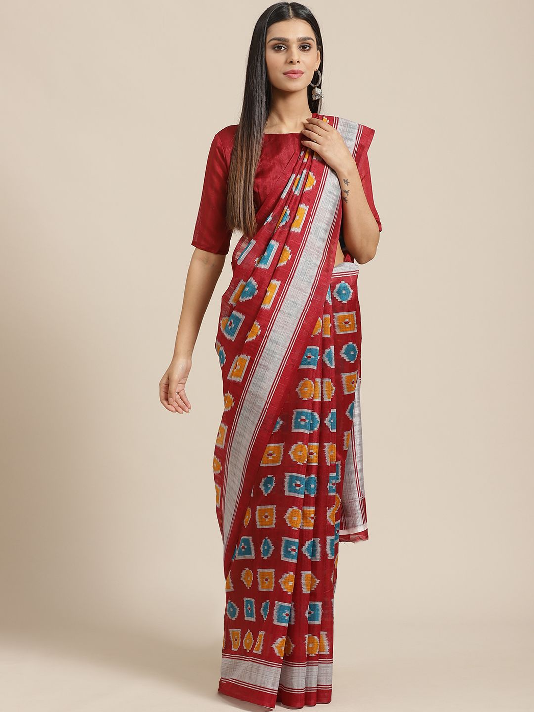 Saree mall Maroon & Blue Printed Bhagalpuri Saree Price in India