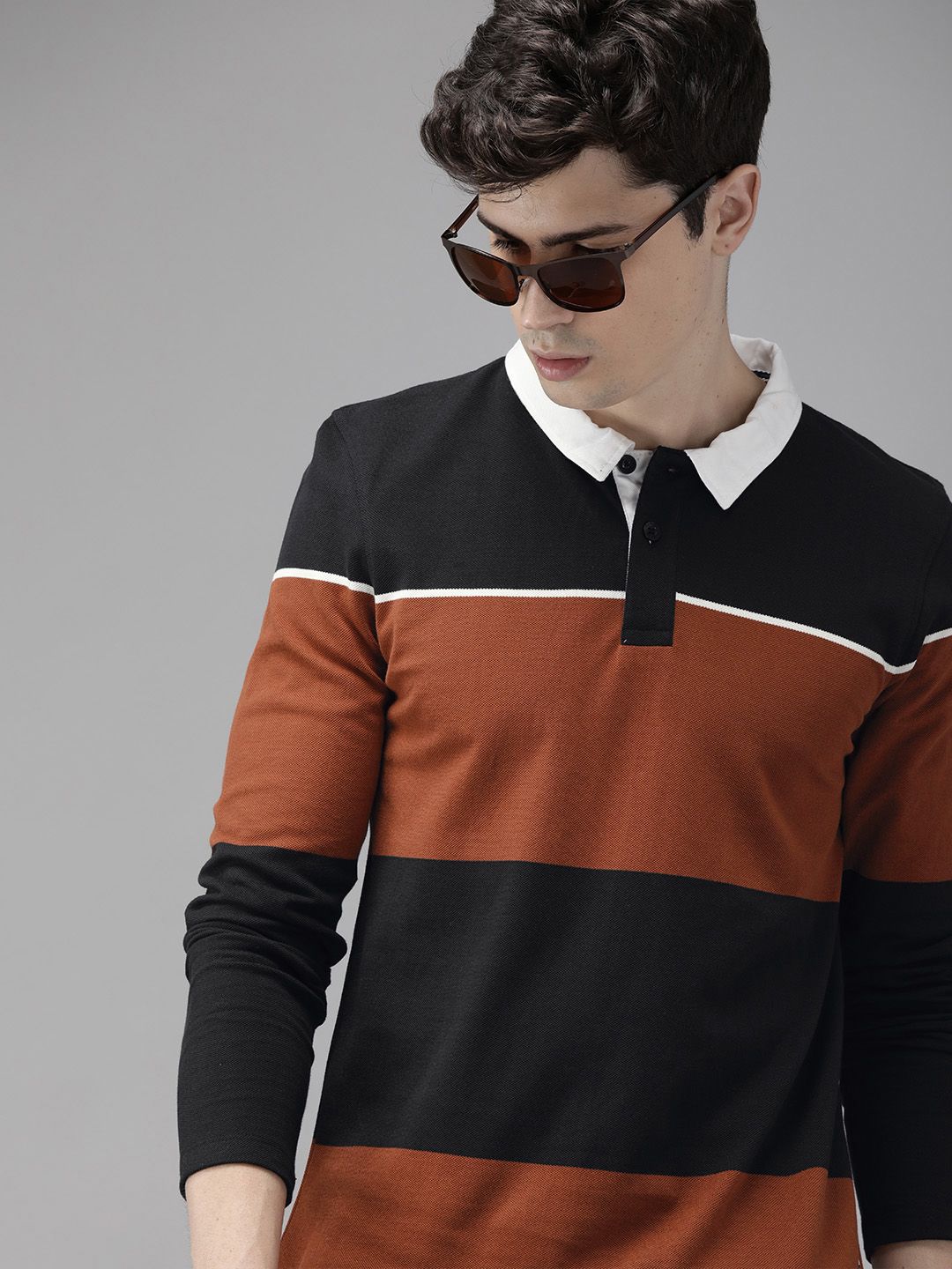 Roadster Men Black  Brown Colourblocked Polo Collar Pure Cotton T-shirt