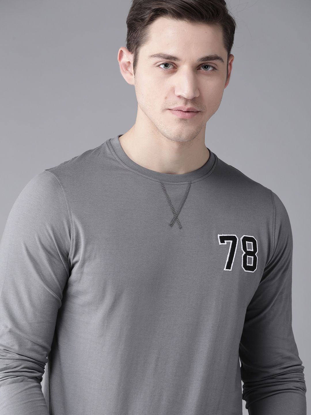 Roadster Men Grey Solid Pure Cotton Round Neck T-shirt