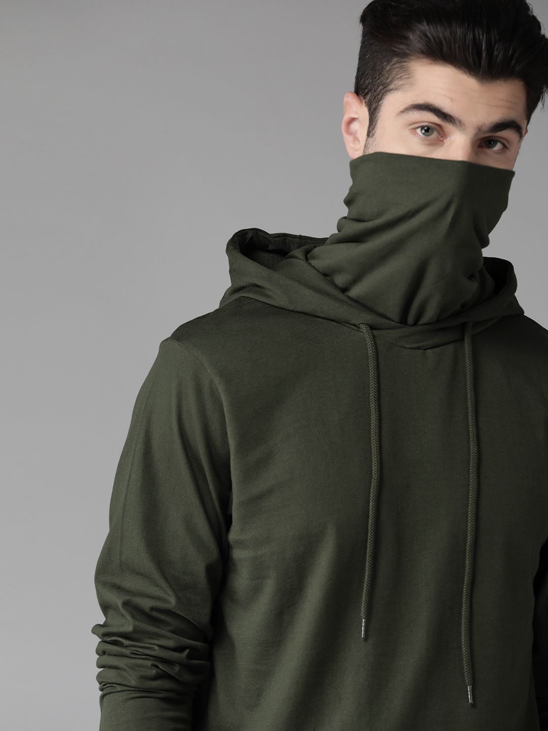 Roadster Men Olive Green Solid Hooded T-shirt with Built-In Mask