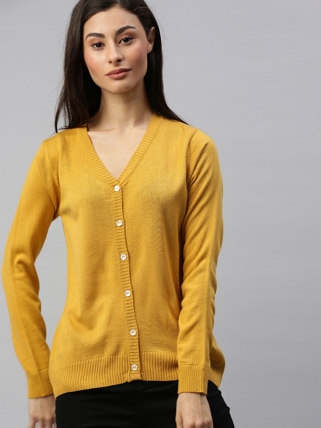 Harvard Women Mustard Yellow Solid Cardigan Sweater Price in India