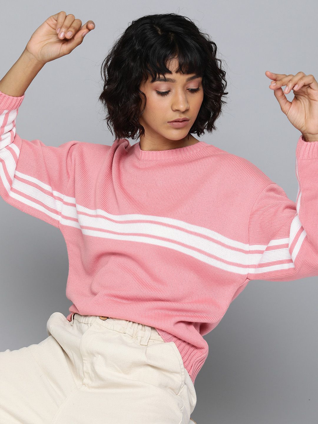 Harvard Women Pink & White Striped Acrylic Sweater Price in India