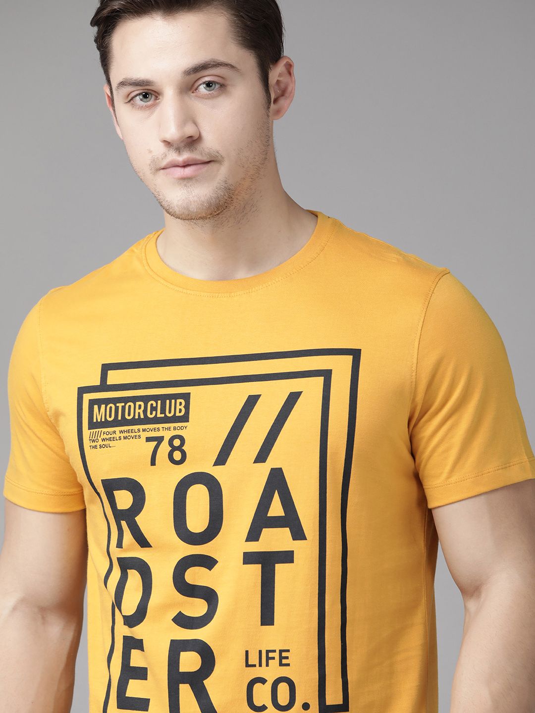 Roadster Men Mustard Yellow & Black Brand Logo Printed Round Neck T-shirt
