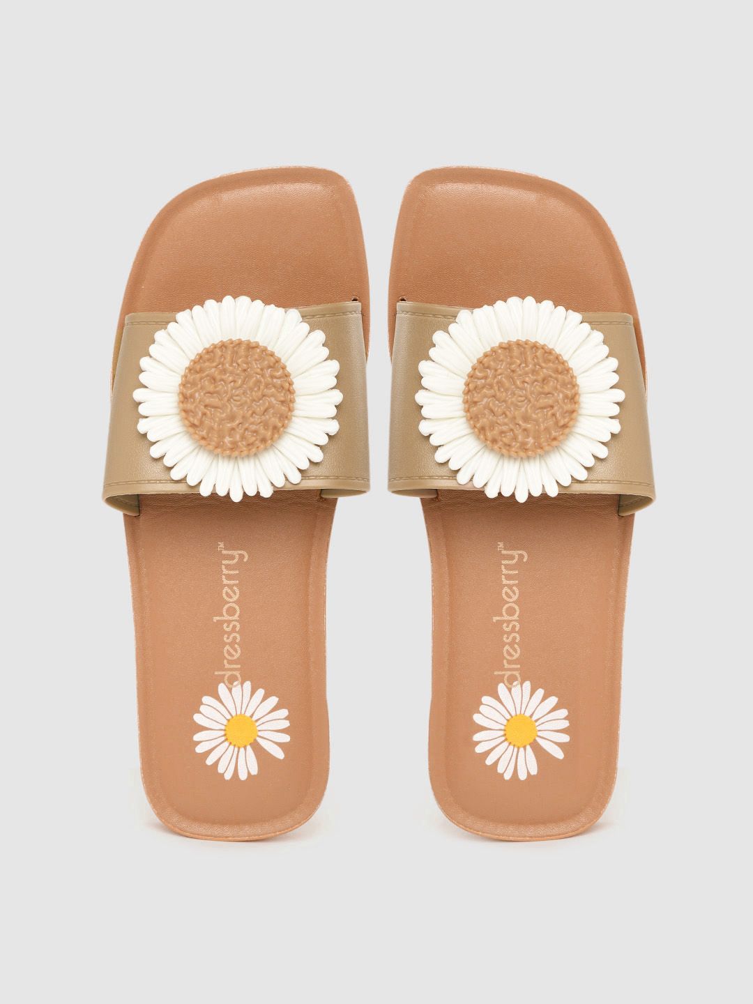 DressBerry Women Beige & Tan Brown Sunflower Applique Open Toe Flats