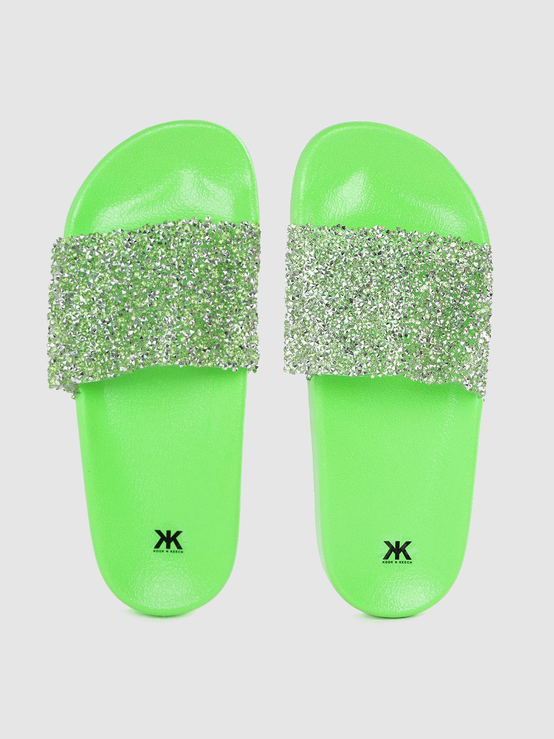 Kook N Keech Women Fluorescent Green Embellished Sliders Price in India