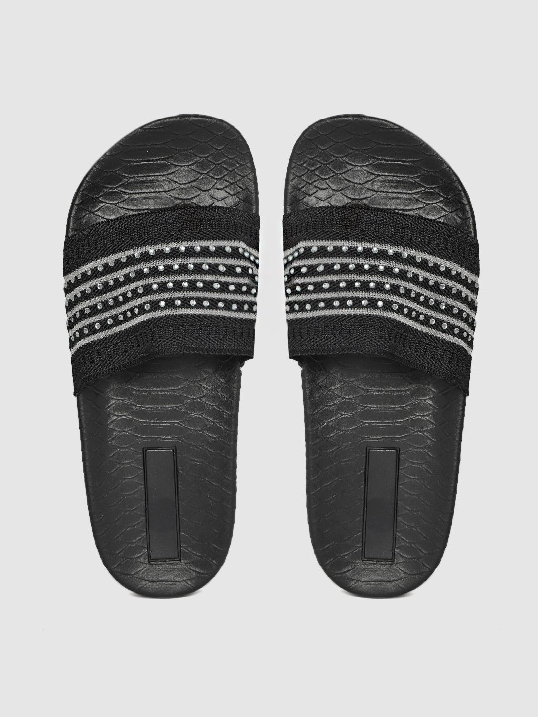 Kook N Keech Women Black & Silver-Toned Embellished Sliders Price in India