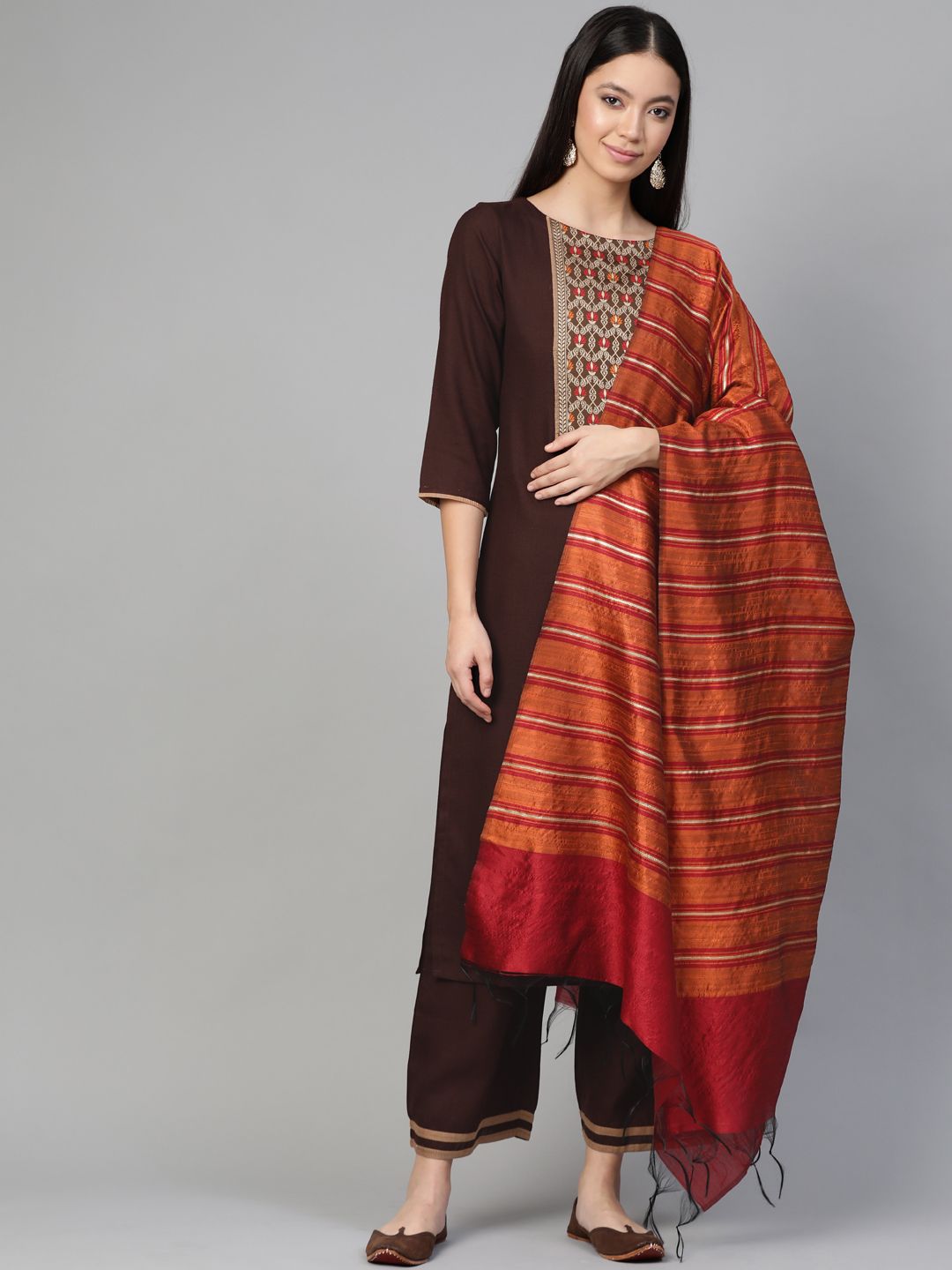 Indo Era Women Brown & Orange Yoke Design Kurta with Palazzos & Dupatta