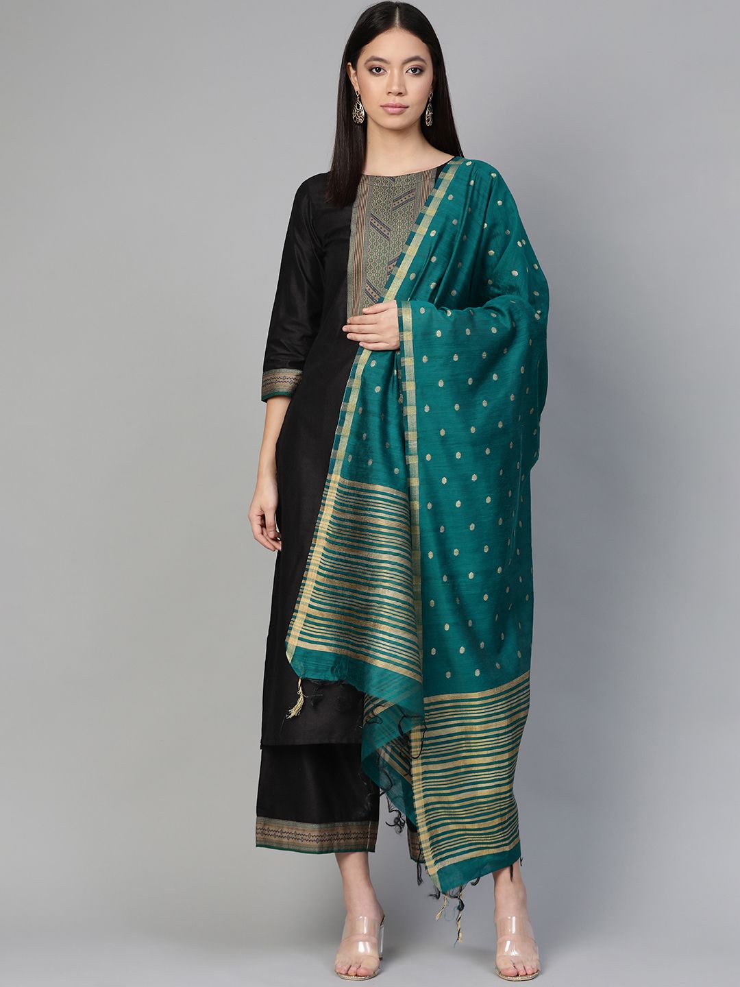 Indo Era Women Black & Teal Blue Yoke Design Kurta with Palazzos & Dupatta Price in India