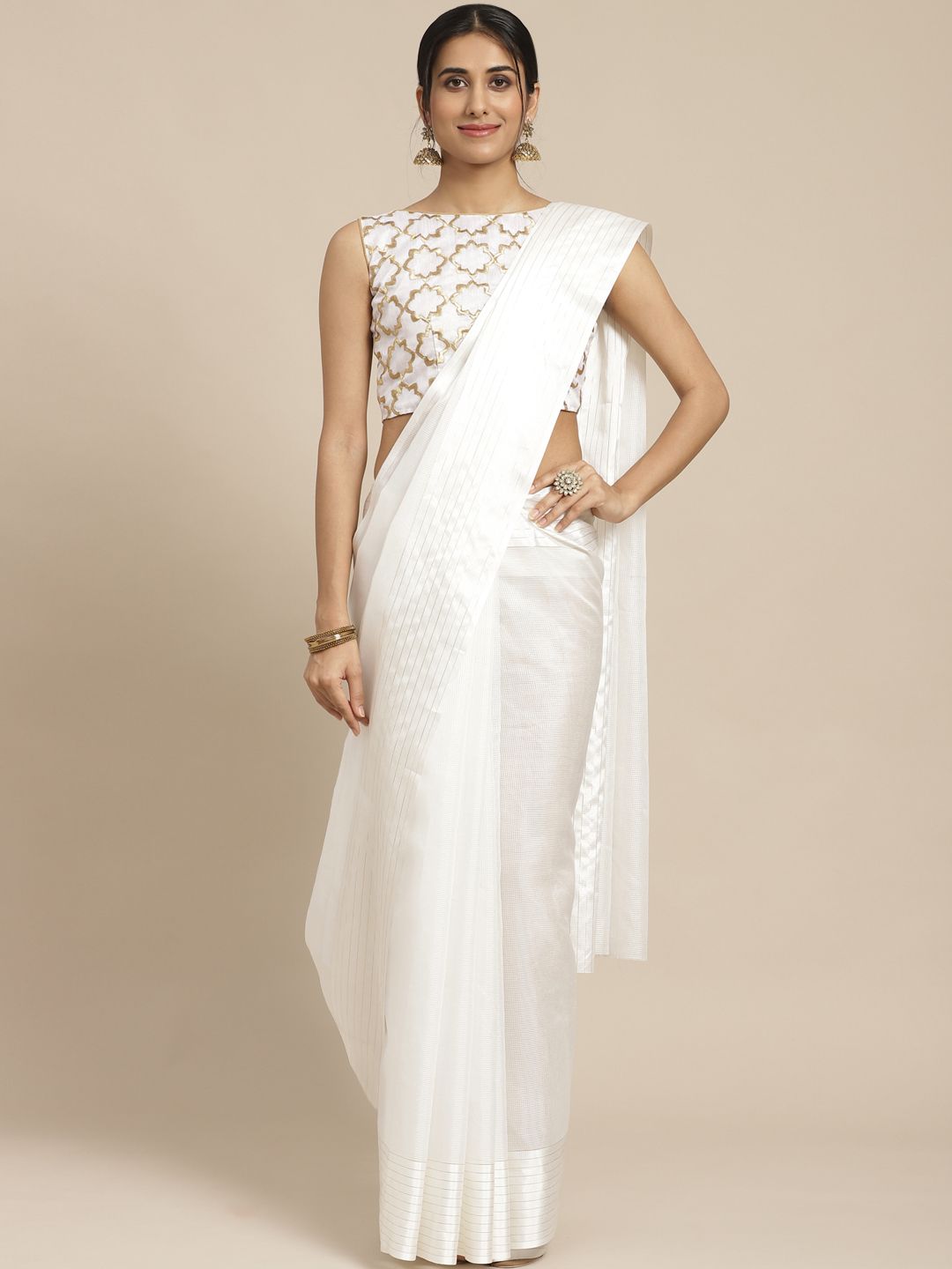 SHAVYA White Pure Silk Self-Checked Kasavu Saree