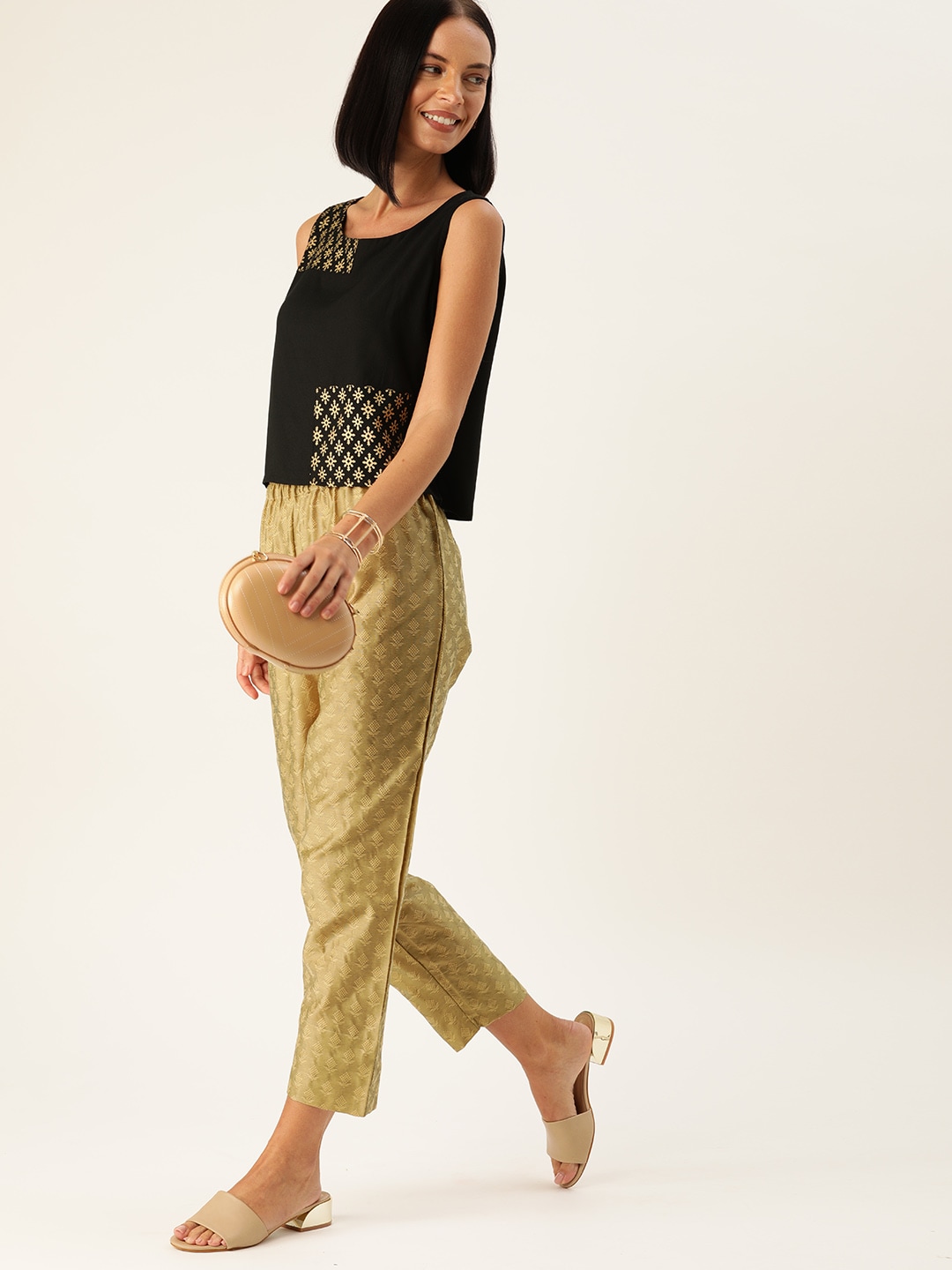 Varanga Women Black & Gold-Toned Printed Top with Trousers Price in India