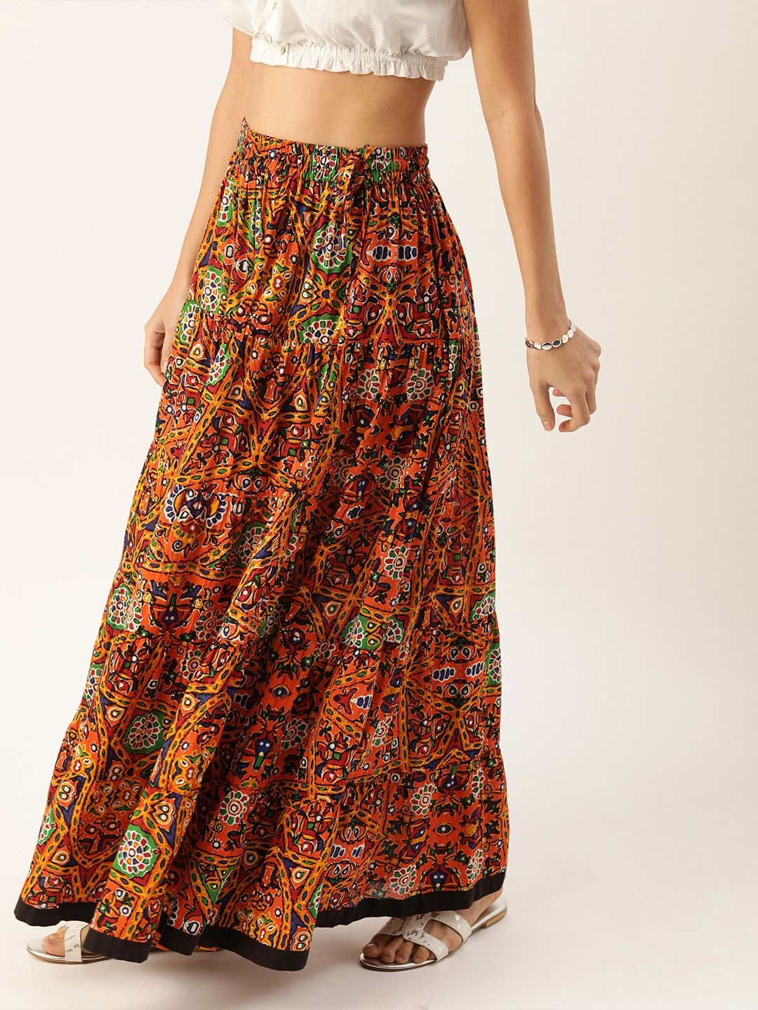 Varanga Multi-Coloured Phulkari Printed Tiered Flared Maxi Pure Cotton Skirt Price in India