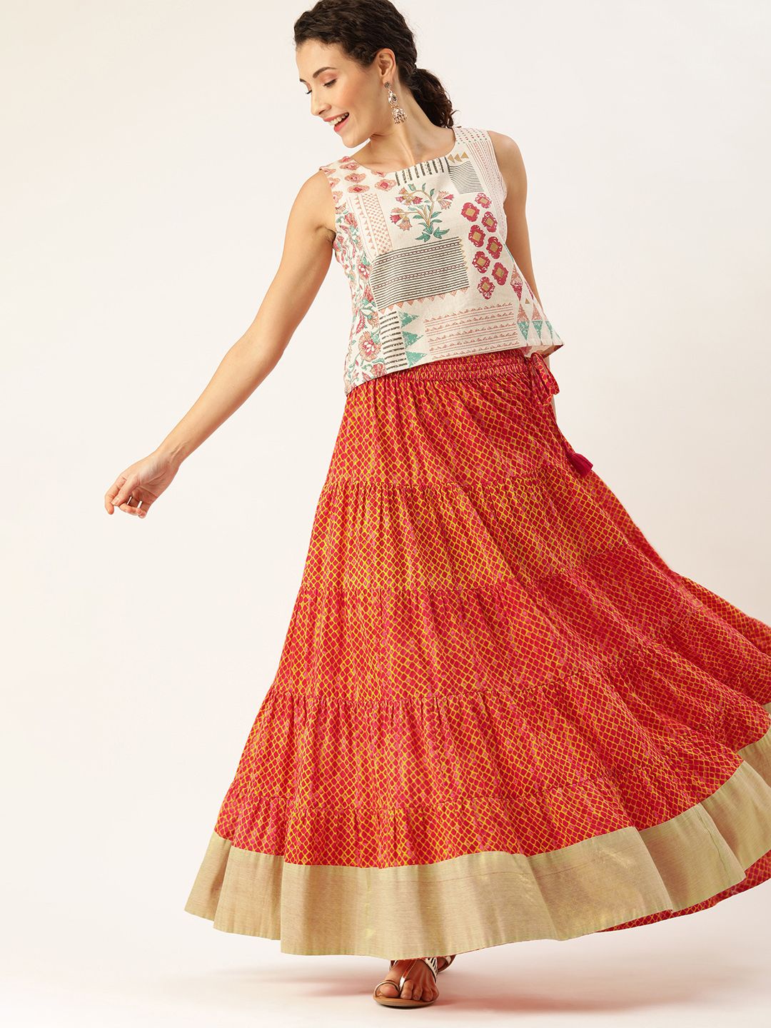 Varanga Rust Orange & Mustard Yellow Dyed Tiered Flared Maxi Pure Cotton Skirt