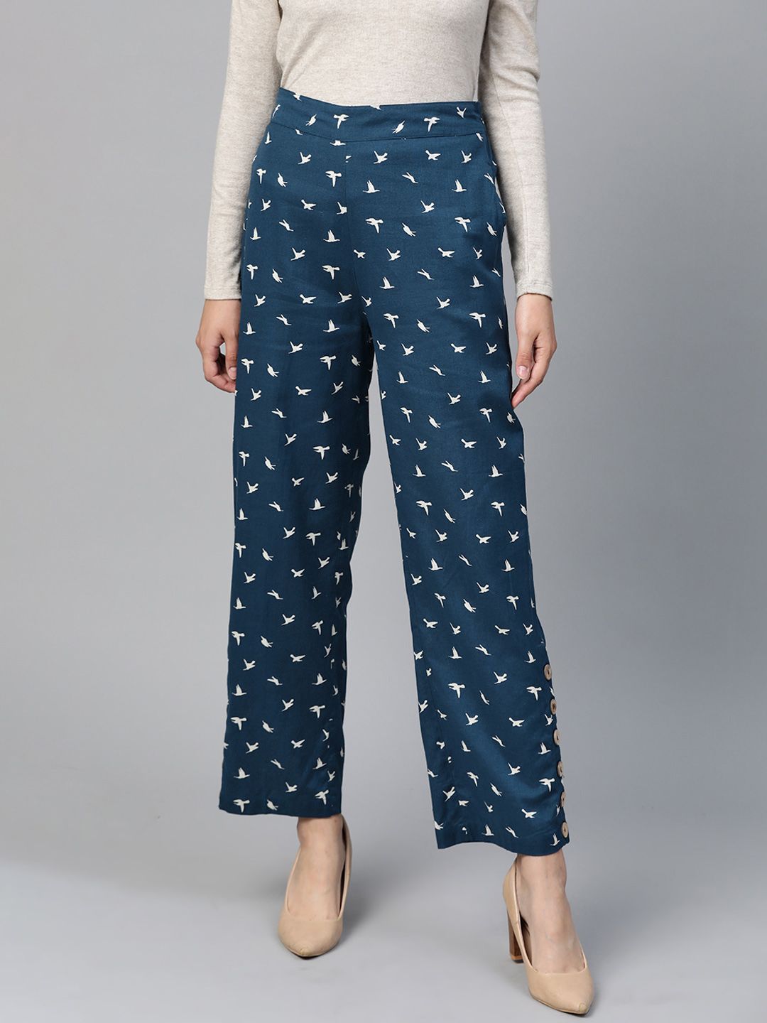 Shae by SASSAFRAS Women Navy Blue & White Regular Fit Bird Print Parallel Trousers Price in India