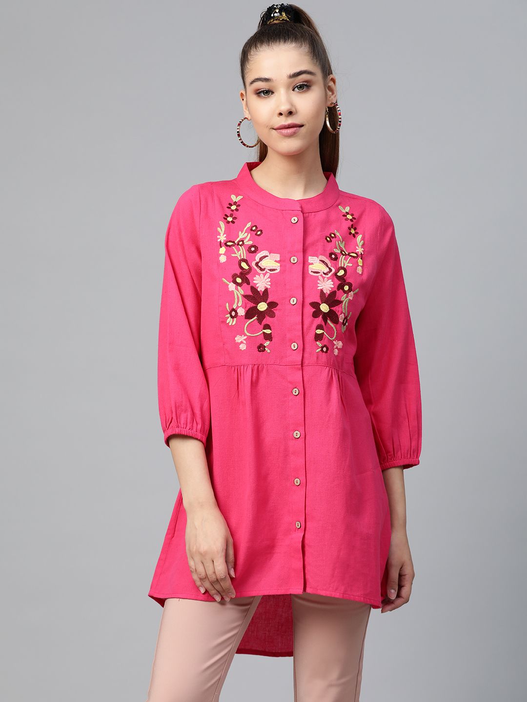 Shae by SASSAFRAS Women Pink Embroidered High-Low Tunic Price in India