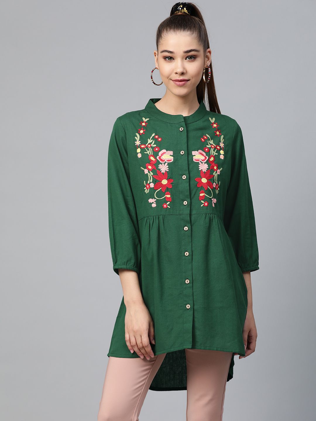 Shae by SASSAFRAS Women Green & Red Embroidered High-Low Tunic Price in India