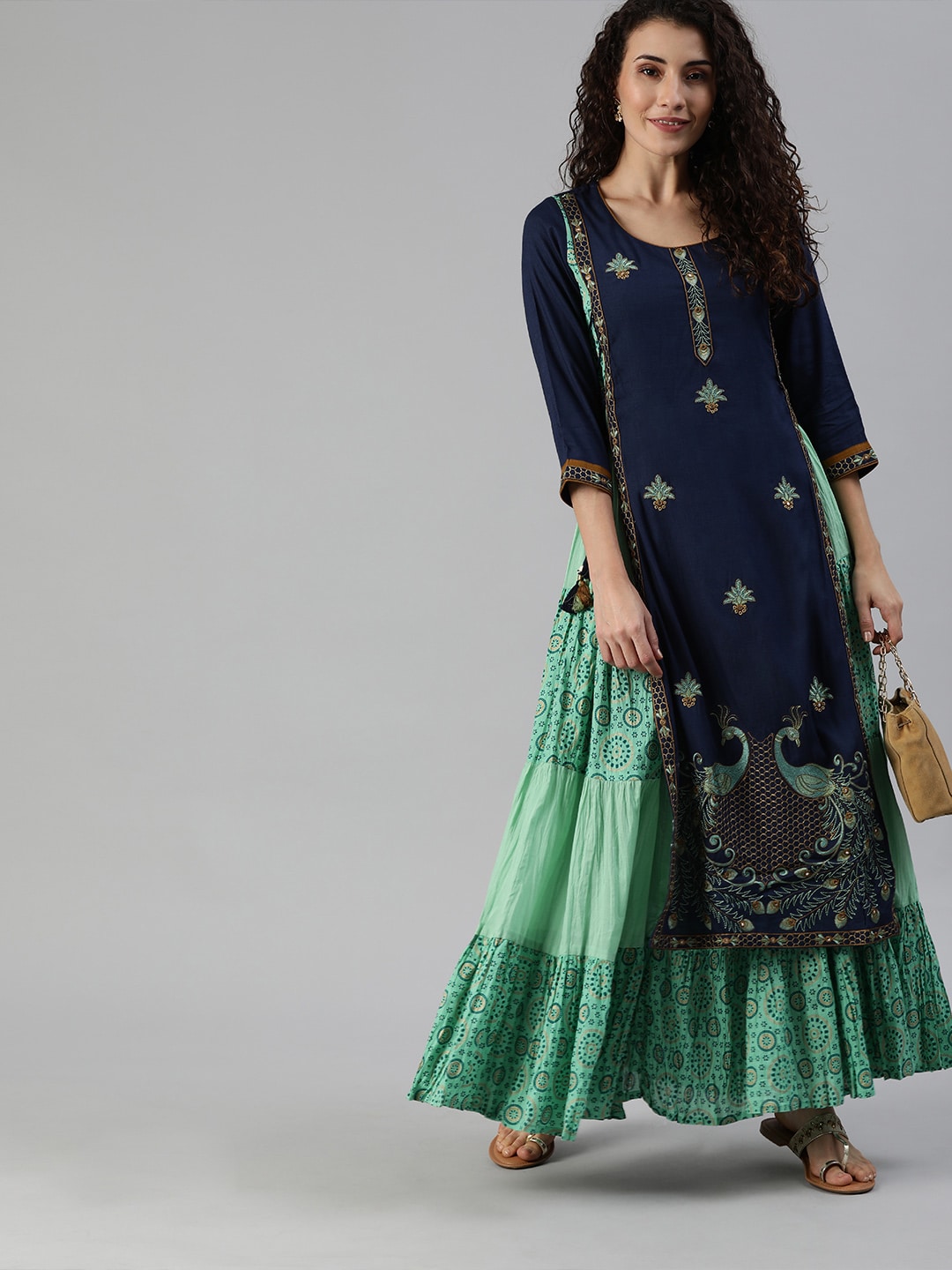 Ishin Women Blue & Sea Green Embroidered Layered A-Line Kurta with Tie-Up Detailing Price in India