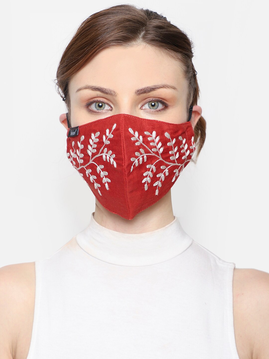 Anekaant Women Red & White Embroidered 3-Ply Reusable Cloth Mask Price in India
