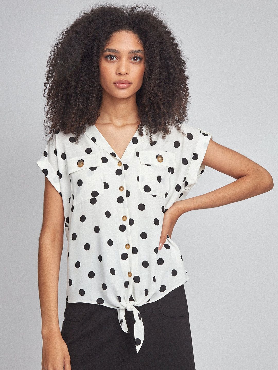 DOROTHY PERKINS Women Off-White & Black Regular Fit Polka Dots Print Casual Shirt